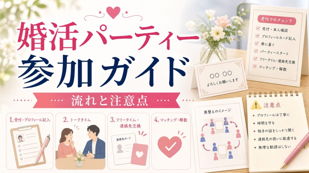 婚活パーティーの参加ガイド｜初めての方が知っておきたい流れと注意点のアイキャッチ画像