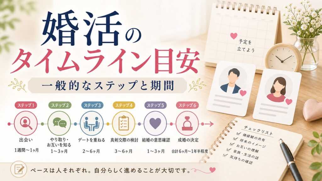 婚活のタイムライン目安｜出会いから成婚までの一般的なステップと期間のアイキャッチ画像