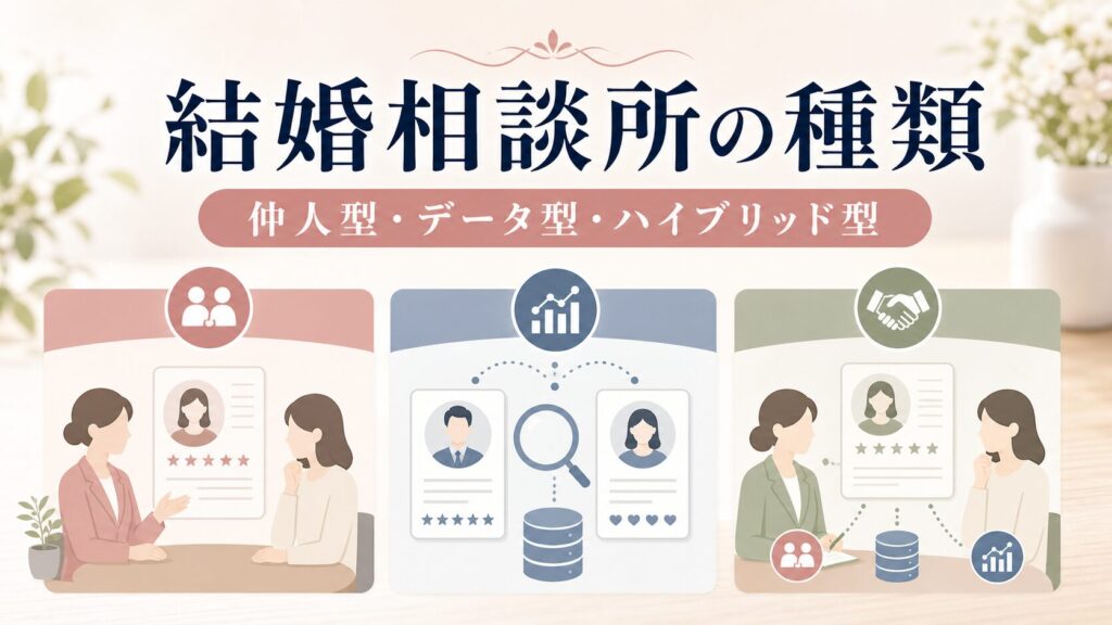 結婚相談所の種類と特徴｜仲人型・データマッチング型・ハイブリッド型の違いのアイキャッチ画像